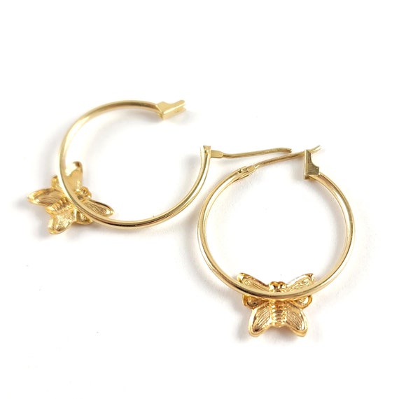 Vintage 14K Gold Butterfly Hoop Earrings - 14K Go… - image 5