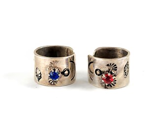 Vintage Southwest Sterling Silver Red & Blue Gemstone Ear Cuff Pair Earrings - Estate Jewelry
