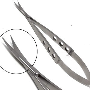 May include: Silver surgical scissors with curved blades and pointed tips. Each handle features three circular holes for grip. The blades are designed for precision cutting. The scissors are made of a metallic material, suitable for delicate tasks.