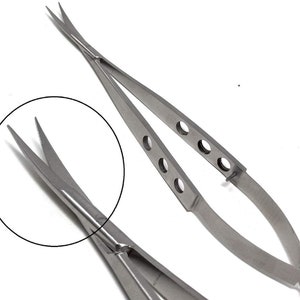 May include: A pair of surgical scissors with curved blades and a spring-loaded handle. The scissors have a silver finish and are designed for delicate tasks.