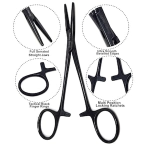 May include: Black hemostatic forceps with serrated jaws, smooth beveled edges, and multi-position locking ratchets. The forceps have tactical black finger rings and are made of stainless steel.