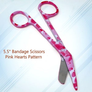 Secret Santa Gift Idea for Women under 10 Dollars Bandage Scissors 5.5&quot; (14cm), Stainless Steel, Pink Hearts Pattern