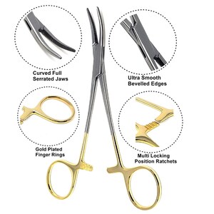 May include: Gold-plated surgical forceps with curved, serrated jaws, ultra-smooth beveled edges, and multi-locking position ratchets.