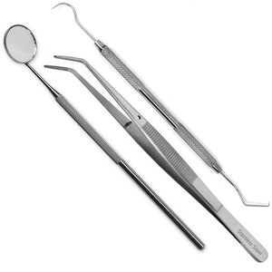 Basic Dental Hygiene 3 Pcs Tooth Kit Mouth Mirror+Tweezer+Scraper Pick Explorer Calculus Plaque Remover Set for Healthy Gums - Pet Friendly