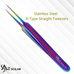May include: A-Type Straight Tweezers made of stainless steel with a rainbow iridescent finish. The tweezers have a pointed tip and are labeled "AZ Scilab Stainless Steel".