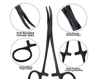 Stainless Steel Pliers Black Fluoride Coated 5" Hemostat Forceps Curved Serrated Jaws, Softie and Toy Making Tools