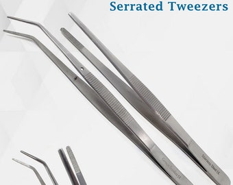 Stainless Steel 6" Straight and Angled Tweezers with Serrated Tips for Delicate Plant Care and Repotting Needs