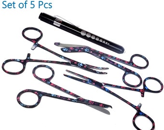 Veterinarian Giftset 5 Pc for Vet Tech Nurse Bandage Scissors+Hemostat Forceps+Suture Stitch+Penlight Under 30 Dollars Small Pet Paws Coated