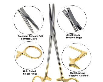 Pinzas hemostáticas rectas de 5" con mango dorado, mordazas serradas y cierre de seguridad, acero inoxidable.