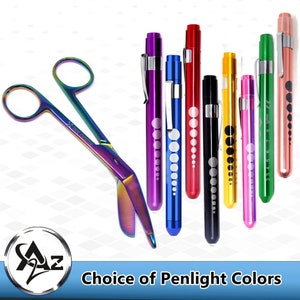 Nurse Appreciation Week Gift Set PenLight + 4.5&quot; Multi Rainbow Color Stainless Steel Bandage Scissors (choice of 7 penlight colors)