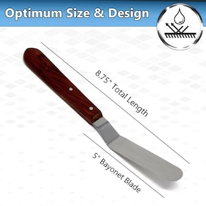 May include: A 8.75-inch long stainless steel spatula with a 5-inch bayonet blade and a brown wooden handle.