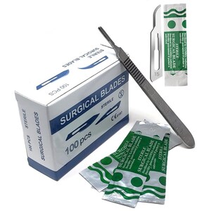 May include: A box of 100 sterile surgical blades with a scalpel and individual sterile blade packets. The box is white with blue and black text. The scalpel is silver and has a black handle. The packets are silver with green text and a green circle.