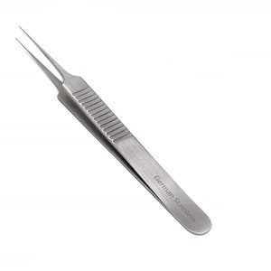 May include: Silver-toned tweezers with a slanted tip and a textured handle. The tweezers are labeled "German Stainless".