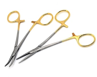 Pinzas de artesanía de 5.5" STR + CRV con punta dentada, diseño tipo hemostático para sujetar, sujetar y extraer objetos, mango dorado, acero inoxidable.