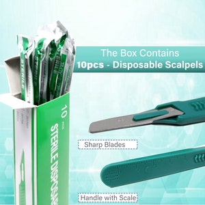 May include: A box of 10 sterile disposable scalpels with a green and white label. The box says "10 pcs - Sterile Disposable Scalpels". The image also shows a close-up of a scalpel blade and a scalpel handle with a scale in centimeters.