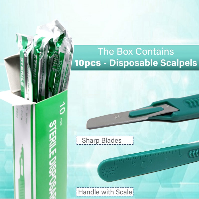 May include: A box of 10 sterile disposable scalpels with a green and white label. The box says "10 pcs - Sterile Disposable Scalpels". The image also shows a close-up of a scalpel blade and a scalpel handle with a scale in centimeters.