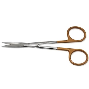 May include: Gold-coloured surgical scissors with stainless steel blades. The scissors have a sharp point and are designed for precision cutting.