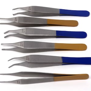 Basic Tweezers Set Stainless Steel Lab Tweezers 6Pcs Assorted Forceps Straight + Angled Jaws, Wide Body, Color Coded for Easy Identification