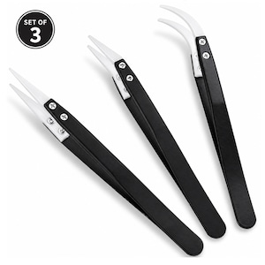 May include: A set of 3 tweezers with black handles and white ceramic tips. Each tool features two silver screws securing the tips to the handle. The set includes one straight-tip tweezer, one angled-tip tweezer, and one curved-tip tweezer.