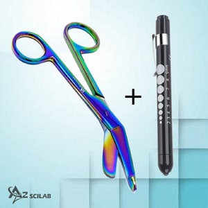 PenLight + 5.5&quot; Multicolor Stainless Steel Bandage Scissor For Veterinary Technician, Nurses, EMS Staff (choice of 7 color penlights)