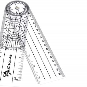 May include: A white plastic protractor with a clear ruler and a circular protractor. The protractor has markings in degrees and the ruler has markings in inches and centimeters. The protractor is labeled "SAZ SCILAB".