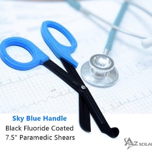 Stainless Steel Scissors Sky Blue Handle Fluoride Black Coated Non-Stick Blades 7.5&quot; Trauma Shears For ER Nurses, Paramedics & Firefighters