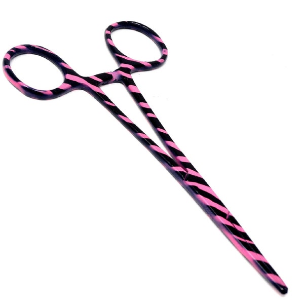 5.5" Hemostat Forceps Locking Clamps Straight Serrated Tips, Stainless Steel, Pink Zebra Pattern, Fix Purse Notion, Clutch Frame, Bag Buckle