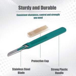 May include: A green plastic scalpel handle with a stainless steel blade and a protective cap. The handle has a textured grip and a measurement scale.  Sturdy and Durable. Consistent sharpness, control and strength you need.