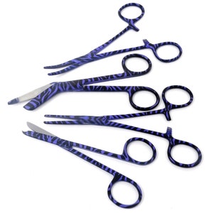 Vet Tech Instruments Confezione da 4 forbici per bendaggi + pinza emostatica + forbici per suture, motivo zebrato, regalo per la giornata mondiale della veterinaria