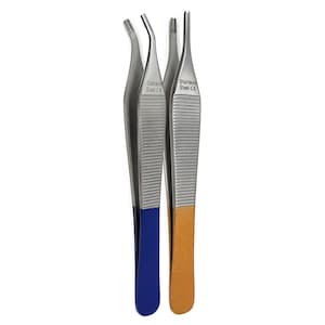 Professional Tweezers Lab Forceps Stainless Steel Tongs Color Coded Bands for Easy Identification Straight + Curved Jaws - 4.75&quot;