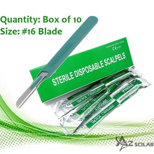 May include: A box of 10 sterile disposable scalpels with a green handle and a #16 blade. The box is labeled "Sterile Disposable Scalpels" and "CE0197".