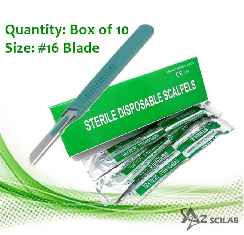 May include: A box of 10 sterile disposable scalpels with a green handle and a #16 blade. The box is labeled "Sterile Disposable Scalpels" and "CE0197".