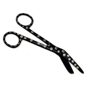 Engraved Puppy Paws on Black Bandage Scissors 5.5&quot; Stainless Steel Black Fluoride Coated for Vet Tech Nurse Veterinary Technician,