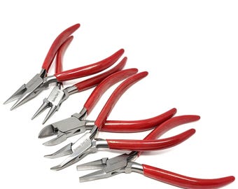 May include: A set of five stainless steel pliers with bright red rubberized handles. The collection includes needle-nose, round-nose, wire-cutting, bent-nose, and flat-nose pliers, each featuring the text Stainless Steel CE on the metal joint.