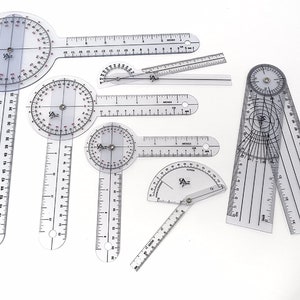 May include: Set of seven clear plastic protractors with different sizes and markings. The protractors are used for measuring angles.