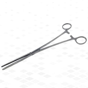 May include: A silver-colored stainless steel hemostat with long, slender, serrated jaws and a locking ratchet mechanism featuring finger rings. The metal surface is engraved with the text Stainless Steel near the pivot point of the instrument.