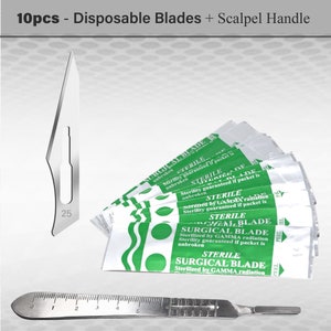 Wax Carving Mold Cutting Casting Tool Pack of 10 #25 Disposable Sterile Carbon Steel Blades + Stainless Steel Scalpel Handle No.4