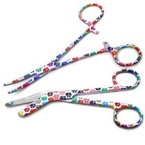Mini Paws Print Design 2 Pcs Set Hemostat Forceps + Bandage Scissors 5.5&quot; Stainless Steel Vet Tech Gift