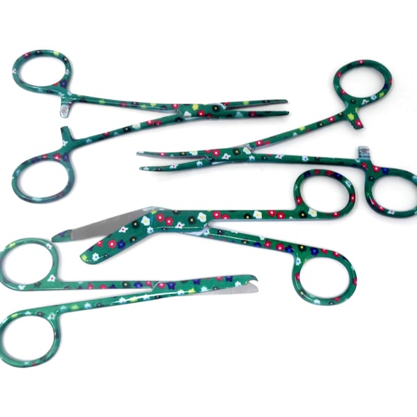 Vet School Acceptance Gift Medical College Student Merry & Bright Pattern 4 Pc Set Bandage Scissors+Hemostat Forceps+Suture Stitch Scissors