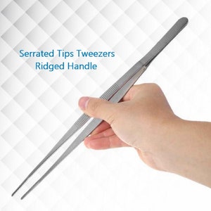 May include: Silver serrated tip tweezers with a ridged handle.  Serrated Tips Tweezers Ridged Handle.