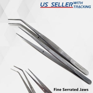 May include: Set of four fine serrated tweezers made of German stainless steel. The tweezers have a slightly curved tip and are ideal for delicate tasks.