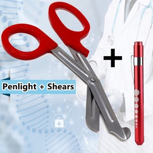 Pair of Red Handle Stainless Steel Blade Trauma Shears 7.5&quot; + Penlight, Stainless Steel
