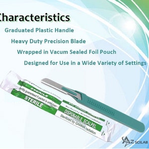 May include: A sterile, disposable scalpel with a green plastic handle and a silver blade. The scalpel is packaged in a clear plastic pouch with green and white text that reads "Sterile" and "Disposable Scalpel".