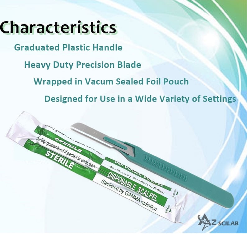 May include: A sterile, disposable scalpel with a green plastic handle and a silver blade. The scalpel is packaged in a clear plastic pouch with green and white text that reads "Sterile" and "Disposable Scalpel".