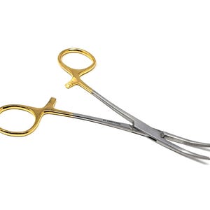 Pinzas hemostáticas: herramienta ideal para sujetar piezas y conjuntos pequeños. Abrazaderas de acero inoxidable con mangos dorados - 5.5" CRV
