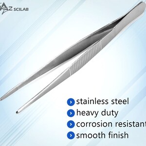 May include: Silver stainless steel tweezers with a smooth finish. The tweezers are heavy duty and corrosion resistant.