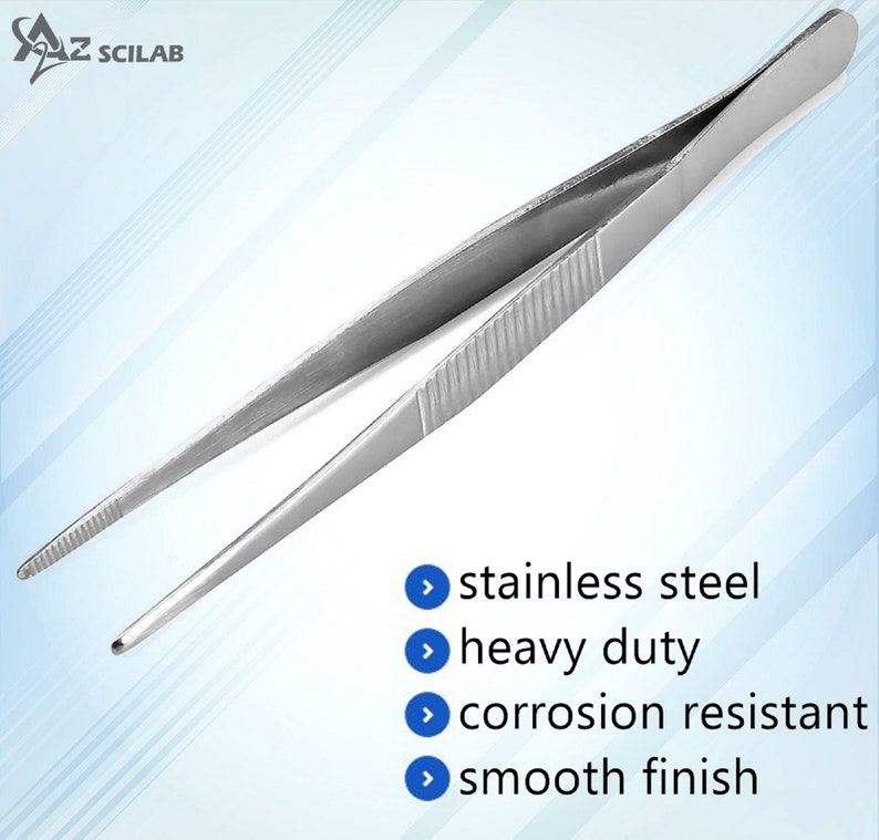 May include: Silver stainless steel tweezers with a smooth finish. The tweezers are heavy duty and corrosion resistant.