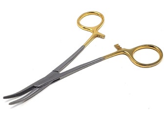 Pinzas hemostáticas curvadas con mango dorado de 5,5", abrazaderas de bloqueo de mandíbulas dentadas, acero inoxidable