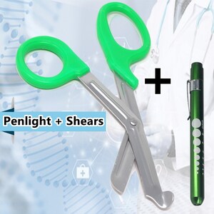 Pair of Green Handle Stainless Steel Blade Trauma Shears 7.5&quot; + Penlight, Stainless Steel