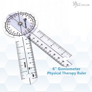 May include: A clear plastic 6-inch goniometer with a protractor and ruler. The protractor measures angles in degrees, and the ruler measures in inches and centimeters.
